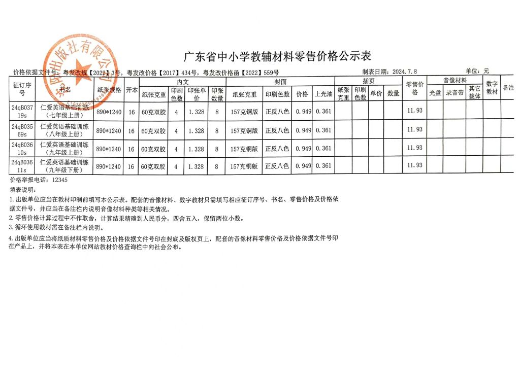 2024秋季广东中小学教辅零售价格公示(图1)